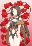  1girl aa_megami-sama bracelet breasts brown_eyes brown_hair earrings facial_mark flower forehead_mark jewelry long_hair peorth ponytail red_background rose shizufa solo thorns very_long_hair 