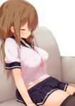  1girl black_legwear blush breasts brown_hair couch crop_top jpeg_artifacts kaisen_chuui large_breasts long_hair low_twintails miniskirt original parted_lips pleated_skirt school_uniform serafuku sitting skirt sleeping solo thigh-highs twintails 