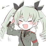  1girl anchovy blush chibi closed_eyes drill_hair girls_und_panzer green_hair hair_ribbon itomugi-kun long_hair lowres military military_uniform open_mouth pointer ribbon riding_crop smile solo twin_drills twintails uniform white_background 