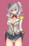  1girl :q ass_visible_through_thighs bangs blue_eyes blush breasts buttons cleavage collarbone cowboy_shot double-breasted dress_shirt epaulettes eyebrows eyebrows_visible_through_hair frilled_sleeves frills grey_shirt highres jacket kantai_collection kashima_(kantai_collection) kerchief large_breasts lifted_by_self long_hair long_sleeves looking_at_viewer military military_uniform miniskirt no_bra open_clothes open_jacket open_shirt pink_background pleated_skirt shirt sidelocks silver_hair simple_background skirt skirt_lift solo string_panties sukitsukasa tongue tongue_out twintails unbuttoned uniform 