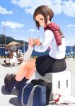  1girl bag black_legwear black_skirt blush brown_eyes brown_hair cat chromatic_aberration fishing_rod from_behind harbor hat looking_at_viewer looking_back nanahime_(aoi) original plaid plaid_scarf scarf school_bag school_uniform serafuku shoes short_hair sitting skirt socks 