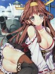  1girl ass bare_shoulders blush boots breasts brown_hair cleavage detached_sleeves double_bun headgear japanese_clothes kantai_collection kongou_(kantai_collection) large_breasts long_hair long_sleeves looking_at_viewer miniskirt nontraditional_miko sitting skirt smile tamiya_akito thigh-highs thigh_boots very_long_hair wide_sleeves 