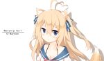  1girl :o absurdres ahoge animal_ears bare_shoulders blonde_hair blue_eyes blush bow bowtie collarbone eroman fox_ears fox_tail hair_between_eyes hair_ribbon heart_hair highres long_hair looking_at_viewer original parted_lips red_bow ribbon sailor_collar shirt silhouette simple_background smile solo strap tail two_side_up upper_body white_background white_shirt zhan_jian_shao_nyu 