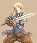  1girl agrias_oaks armor blonde_hair blue_eyes braid breasts erect_sawaru final_fantasy final_fantasy_tactics gloves knight long_hair no_nose sidelocks solo sword weapon 