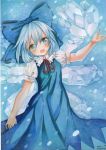  1girl blue_dress blue_eyes blue_hair bow cirno dress fang grey_eyes hair_bow ice ice_wings looking_at_viewer mosho open_mouth puffy_short_sleeves puffy_sleeves shirt short_sleeves silver_hair smile solo touhou traditional_media watercolor_(medium) wings 