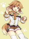  1boy animal_ears blush brown_eyes brown_hair highres looking_at_viewer male_focus open_mouth paw_print pop-up_story short_hair short_shorts shorts solo tail thigh-highs utsunomiya_hetaru white_legwear wolf_ears wolf_tail yuri_ressen 