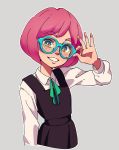  1girl adjusting_glasses ammonio apron bangs blue-framed_glasses blush collared_shirt glasses green_ribbon grey_background long_sleeves looking_at_viewer multicolored_eyes pink_hair ribbon shirt short_hair simple_background smile solo white_shirt 