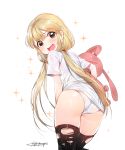  1girl absurdres ass blonde_hair blush bottomless brown_eyes dr_poapo futaba_anzu highres idolmaster idolmaster_cinderella_girls looking_back low_twintails open_mouth panties shiny shiny_skin shirt signature simple_background solo sparkle stuffed_animal stuffed_bunny stuffed_toy t-shirt thighhighs torn_clothes torn_thighhighs twintails underwear white_panties 