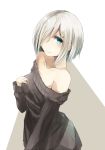  1girl alternate_costume arched_back bare_shoulders blue_eyes breasts collarbone commentary from_side hair_ornament hair_over_one_eye hairclip hamakaze_(kantai_collection) hand_on_own_chest highres kantai_collection large_breasts long_sleeves looking_at_viewer miyabino_(miyabi1616) ribbed_sweater short_hair silver_hair simple_background smile solo sweater white_background 