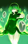  1girl aura dress glowing green green_dress green_eyes green_hair highres natsuspica one-punch_man open_mouth solo stone tatsumaki telekinesis 