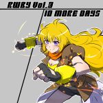  1girl belt blonde_hair breasts cleavage english fingerless_gloves gloves highres iesupa rwby smile solo violet_eyes yang_xiao_long 