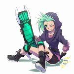  belt boots green_eyes green_hair highres hood hoodie hover_board iesupa knee_pads pain reese_chloris rwby spiky_hair wince 