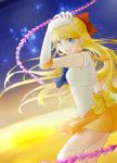  1girl aino_minako bishoujo_senshi_sailor_moon blonde_hair blue_eyes earrings elbow_gloves gloves hair_ribbon highres jewelry long_hair looking_at_viewer magical_girl open_mouth pleated_skirt red_ribbon ribbon sailor_venus skirt solo uniform white_gloves yellow_skirt 
