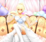  1girl alternate_costume alternate_hair_color blonde_hair breasts cleavage dress folded_ponytail highres large_breasts league_of_legends looking_at_viewer red_eyes riven_(league_of_legends) ryu_seung short_hair sitting smile solo strapless_dress thigh-highs wedding_dress white_dress white_legwear 