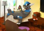  arti couch furry lamp laughing no_humans poke_ball pokemon pokemon_(creature) rampardos yamask 