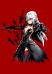  1girl alternate_costume armor armored_dress bare_shoulders black_dress breasts cleavage closers detached_collar dress gauntlets greaves hair_over_one_eye highres long_hair official_art outstretched_arms red_background red_legwear seulbi_lee simple_background small_breasts solo thigh-highs violet_eyes white_hair 