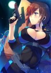  1girl blush bodysuit breasts brown_eyes brown_hair cleavage gun hiding holding holding_weapon jill_valentine large_breasts long_hair monster moon night night_sky resident_evil resident_evil_revelations sky tamiya_akito weapon 
