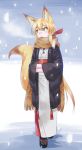  1girl animal_ears blonde_hair blush fox_ears fox_tail green_eyes hands_in_sleeves japanese_clothes kimono long_hair original ryuusei_(ryuuseiseikou) scarf snowing solo tail 