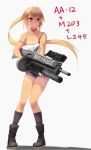  1girl aa-12 absurdres blonde_hair boots borrowed_character collarbone commentary_request flat_chest full_body grenade_launcher grey_background gun highres jessica_jefferson knees_together_feet_apart long_sleeves m203 onibi_(foxhound4185) original ponytail red_eyes shirt_tan short_shorts shorts shotgun standing tan tank_top tanline underbarrel_grenade_launcher weapon 