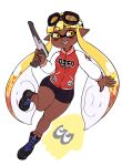  1girl bike_shorts blonde_hair boots cross-laced_footwear dark_skin domino_mask fangs goggles goggles_on_head highres inkling lace-up_boots letterman_jacket mask n-zap_&#039;85_(splatoon) sidelocks simple_background smile splatoon squid white_background yellow_kirby 