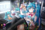  4girls aqua_eyes aqua_hair blush bracelet chibi chibi_on_head computer_keyboard drink drinking_straw dutch_angle eating food hatsune_miku indoors jewelry long_hair looking_at_viewer mcdonald&#039;s monitor multiple_girls nail_polish necktie night one_eye_closed open_mouth pizza sitting skirt spring_onion thigh-highs twintails very_long_hair vocaloid 