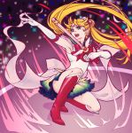  1girl bishoujo_senshi_sailor_moon blonde_hair blue_eyes boots choker crescent_earrings crestomancer double_bun earrings elbow_gloves gloves highres holding jewelry knee_boots long_hair miniskirt open_mouth pleated_skirt red_boots ribbon sailor_collar sailor_moon skirt solo sparkle super_sailor_moon tsukino_usagi twintails very_long_hair wand white_gloves 