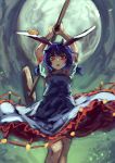 1girl animal_ears arms_up berabou blue_dress blue_hair dress from_below full_moon hammer highres looking_at_viewer looking_down low_twintails moon open_mouth puffy_sleeves rabbit_ears red_eyes seiran_(touhou) short_hair short_sleeves solo touhou twintails upskirt 