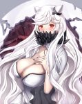  1girl black_nails breasts cleavage highres horns kantai_collection large_breasts long_hair looking_at_viewer midway_hime nail_polish red_eyes shinkaisei-kan solo untsue white_hair 