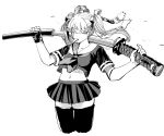  1girl blindfold hair_ribbon holding_sword holding_weapon katana midriff monochrome mouth_hold navel original pleated_skirt ribbon school_uniform serafuku sheath simple_background skirt solo sword thigh-highs twintails unsheathing weapon white_background yoshika_fuumi 