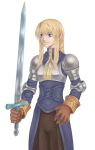  1girl agrias_oaks armor blonde_hair blue_eyes braid breasts final_fantasy final_fantasy_tactics gloves knight long_hair pauldrons sidelocks single_braid solo sword weapon 