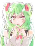  1girl bare_shoulders green_eyes hatsune_miku long_hair looking_at_viewer multicolored_eyes open_mouth piyo_(ppotatto) playing_with_own_hair simple_background solo twintails two_side_up vocaloid white_background 
