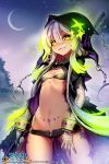  +_+ 1girl absurdres ass_visible_through_thighs bandaged_arm bandages black_bikini_top cat_shi cloak crescent_moon cuffs dark_skin glowing glowing_hair green_eyes green_hair grin highres hood hooded_cloak hoodie lavender_hair manacles midriff moon navel night night_sky official_art open_fly polearm short_hair_with_long_locks short_shorts shorts sidelocks sky small_breasts smile solo sword_girls symbol-shaped_pupils tattoo unzipped watermark weapon 