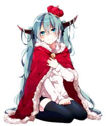  1girl aqua_eyes aqua_hair asagao_minoru bell black_legwear blush cape crown fur_cape hair_between_eyes hair_ribbon hand_on_legs hatsune_miku horns long_hair long_sleeves looking_at_viewer red_cape ribbon seiza shorts simple_background sitting smile solo the_beast_(vocaloid) thigh-highs twintails very_long_hair vocaloid white_background zettai_ryouiki 