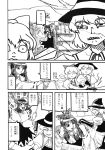  3girls absurdres ameyama_denshin ascot blush_stickers bow cirno comic detached_sleeves doujinshi gloves gohei hair_bow hakurei_reimu hat highres ice ice_wings kirisame_marisa monochrome multiple_girls page_number scan touhou translated wings witch_hat 