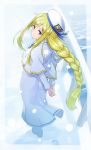  1girl alicia_florence aria arms_behind_back blonde_hair blue_eyes braid commentary_request dress from_behind hat long_hair looking_back mofu single_braid smile snow solo uniform 