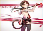  1boy 2016 :o absurdres ass bare_back brown_eyes brown_hair chromatic_aberration from_behind gears hairband happy_new_year headband highres long_hair looking_at_viewer looking_back low_ponytail lowleg lowleg_pants machinery monkey_tail new_year open_mouth original otoko_no_ko over_shoulder pants polearm ponytail sabaku_no_tanuki weapon 