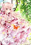  1girl animal_ears blonde_hair brown_eyes butterfly cat_ears flower frills hair_flower hair_ornament japanese_clothes kimono long_hair long_sleeves looking_at_viewer nanase_nao obi open_mouth original petals sash solo very_long_hair wide_sleeves 