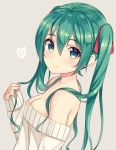  1girl absurdres aqua_eyes aqua_hair bare_shoulders breasts cleavage hatsune_miku heart highres long_hair long_sleeves looking_at_viewer off_shoulder shuuichi simple_background smile solo sweater vocaloid 