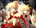  2girls blonde_hair bow caliburn clarent detached_sleeves eru_(948143) fate/apocrypha fate/grand_order fate/unlimited_codes fate_(series) gloves green_eyes hair_bow midriff multiple_girls navel ponytail ribbon saber saber_lily saber_of_red scrunchie strapless sword tubetop weapon 
