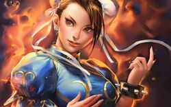  1girl artist_request bracelet brown_eyes brown_hair capcom china_dress chinese_clothes chun-li double_bun earrings highres jewelry original puffy_short_sleeves puffy_sleeves short_hair short_sleeves solo spiked_bracelet spikes street_fighter 