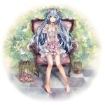  1girl :d animal armchair bare_legs bare_shoulders barefoot barefoot_sandals bird birdcage blue_eyes blue_hair blush bouquet breasts bush cage chair checkered checkered_floor choker cleavage collarbone dress eyebrows eyebrows_visible_through_hair flower flying frilled_dress frilled_sleeves frills full_body hair_between_eyes hair_flower hair_ornament hatsune_miku highres holding holding_flower jewelry layered_dress long_hair looking_at_viewer necklace off-shoulder_dress open_mouth pendant plant see-through shade sitting small_breasts smile solo teeth teka tile_floor tiles twintails very_long_hair vocaloid white_dress 