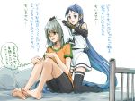  2girls absurdly_long_hair alternate_costume bed bed_frame blue_eyes blue_hair brown_eyes drying_hair elbow_gloves gloves grey_hair kantai_collection kneeling long_hair multiple_girls pillow samidare_(kantai_collection) shaded_face sitting skirt thigh-highs thought_bubble towel translation_request tsuta_no_ha very_long_hair yuubari_(kantai_collection) 