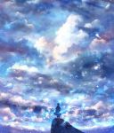  1girl clouds dress grass highres original sakimori_(hououbds) scenery shawl short_hair silhouette sky sparkle 