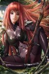  1girl bodysuit breasts covered_navel cursedapple eyelashes fate/grand_order fate/stay_night fate_(series) gae_bolg highres holding_weapon large_breasts lips long_hair looking_at_viewer nose outdoors polearm purple_hair realistic red_eyes scathach_(fate/grand_order) sitting solo weapon 