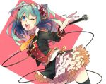  1girl alternate_hairstyle aqua_eyes aqua_hair belt character_name earrings hatsune_miku jewelry looking_at_viewer microphone necktie one_eye_closed open_mouth skirt sogawa66 solo thigh-highs vocaloid 