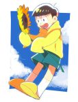  1boy flower hood hoodie male_focus matsuno_juushimatsu osomatsu-kun osomatsu-san sachidraws sky slippers solo sunflower 