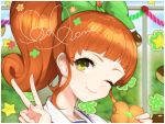  aikatsu! blush bow cookie eating food hitoto kurisu_kokone one_eye_closed orange_hair school_uniform smile v 