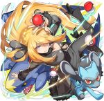  1girl blonde_hair blue_eyes breasts cleavage coat fingernails fur_trim garchomp hair_ornament hair_over_one_eye high_heels long_fingernails long_hair pants poke_ball pokemon pokemon_(creature) pokemon_(game) pokemon_dppt riolu saitou_naoki shirona_(pokemon) smile solo 