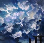  1girl bird clouds crescent_moon error lamppost moon night night_sky original scenery sky tofuvi 