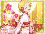  aikatsu! blonde_hair blush braids green_eyes happy kimono shinjou_hinaki short_hair wink 